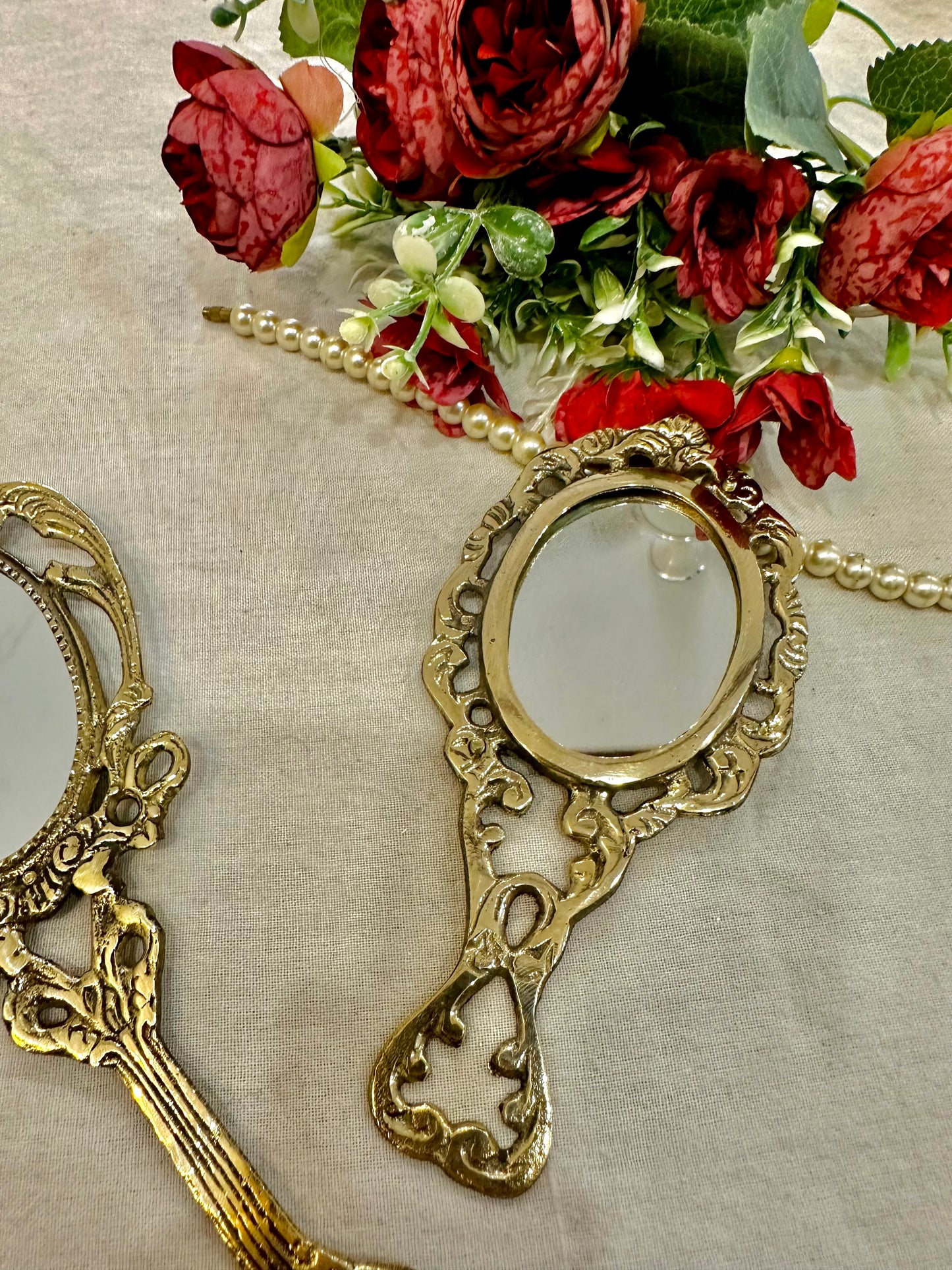 Pair of Fairy Ornate Victorian Brass Mirrors
